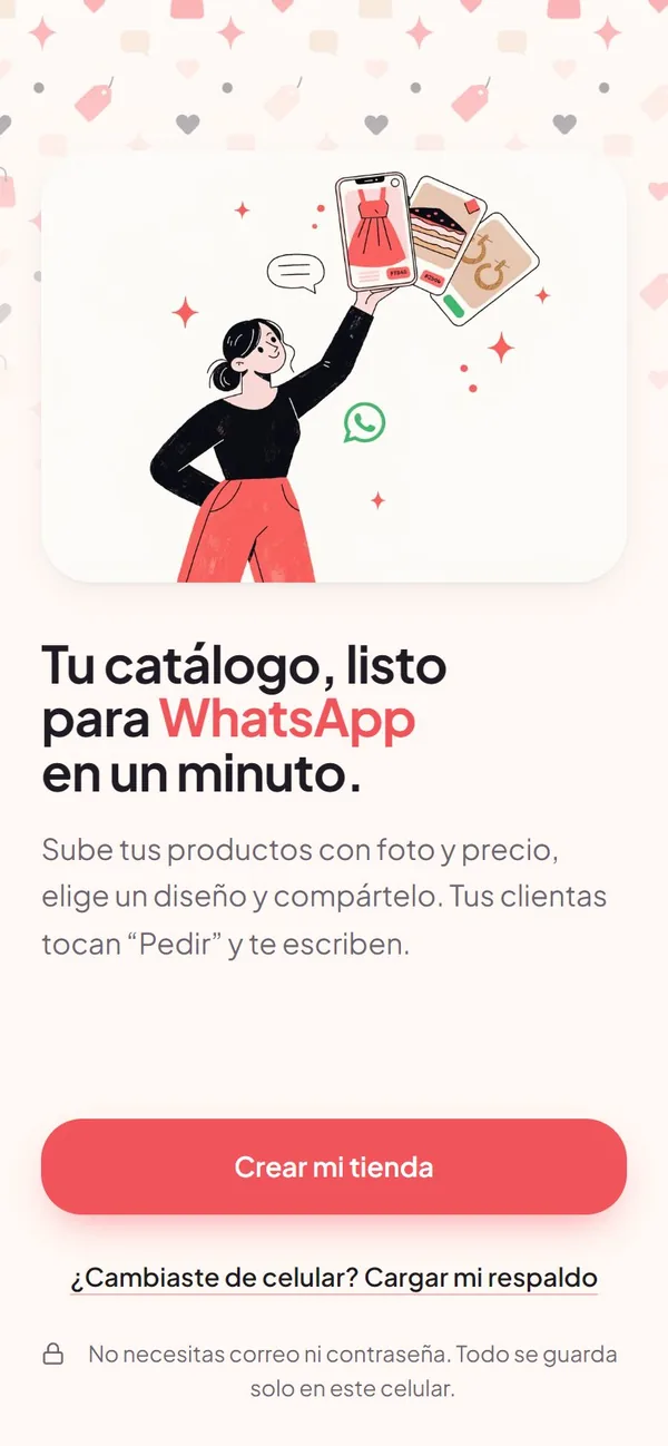 Captura real de la bienvenida de Vende Fácil: «Tu catálogo, listo para WhatsApp en un minuto»