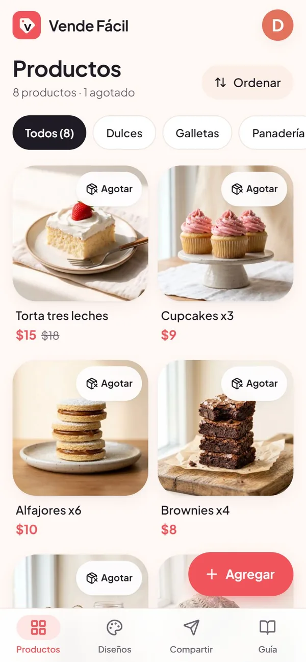 Captura real de la pantalla de productos de la Micro App