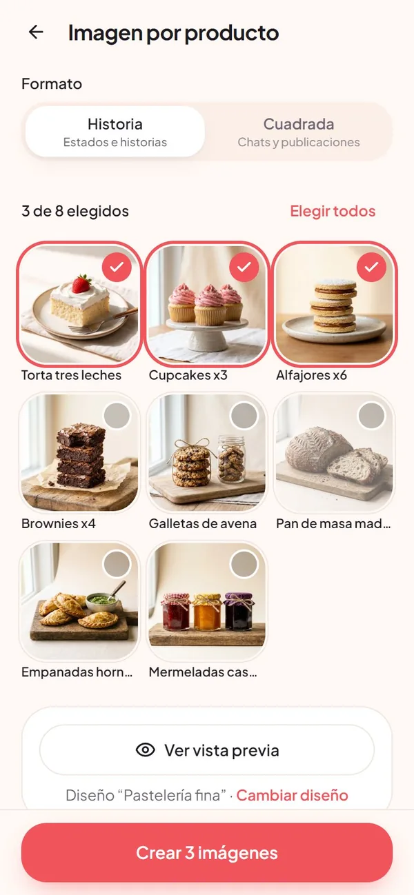 Captura real de Vende Fácil: imagen por producto (historia o cuadrada)