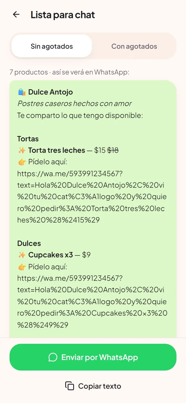 Captura real de Vende Fácil: lista para el chat (con enlace «pídelo aquí»)