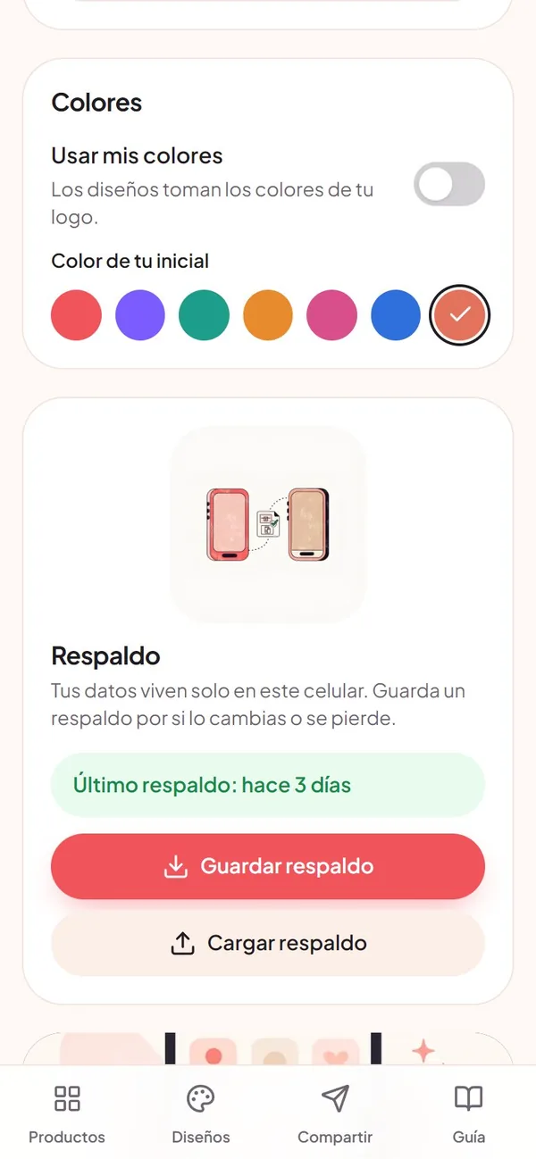 Captura real de Vende Fácil: colores y respaldo (para cambiar de celular)