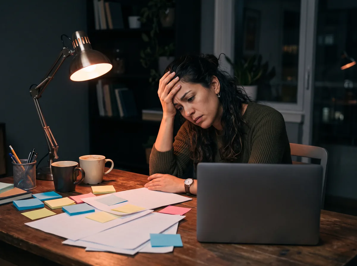 Una emprendedora agotada de noche frente a su laptop, rodeada de notas y tazas de café