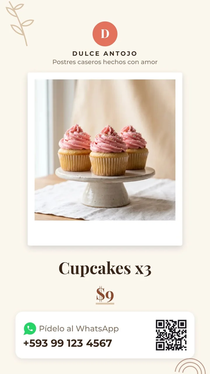Resultado real: imagen para historia de los Cupcakes x3, con precio, WhatsApp y código QR