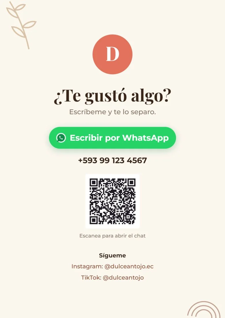 Resultado real: última página del catálogo con botón para escribir por WhatsApp y código QR